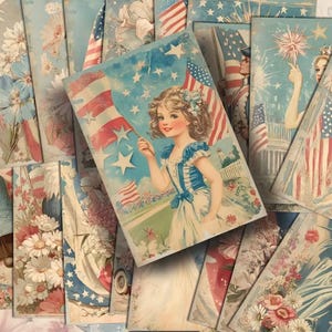 May include: A collection of vintage-style patriotic postcards. The central card features a young girl holding an American flag against a backdrop of stars and stripes. Other cards showcase floral designs, the Statue of Liberty, and fireworks, all in a soft, pastel color palette.