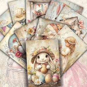 May include: A collection of vintage-style Easter-themed art prints. The prints feature watercolor illustrations of bunnies, Easter eggs, floral arrangements, and children. The color palette includes soft pastels, creating a whimsical and nostalgic feel.
