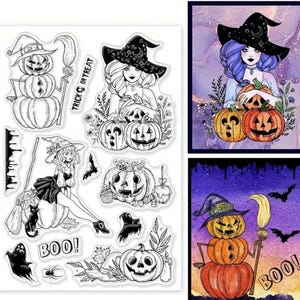 Set of 11 Halloween witch clear stamps, Halloween planners, junk journals, tags, cards