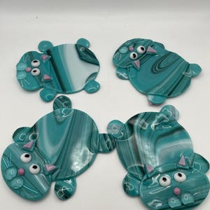 Fused Glass Cat Coaster Set: Teal Drinkware, Cat Lover Gift