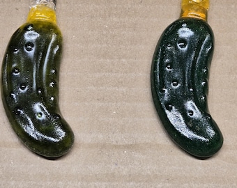 Lucky Pickle Christmas Ornament Handmade Fused Glass Christmas Ornament: Green, Yellow and Clear Glass Art Holiday Ornament