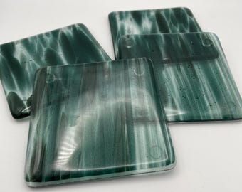 Handmade Fused Glass Coasters (Set of 4): Teal Green and Clear Glass
