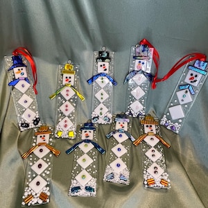 Handmade Glass Snowman Suncatcher: Winter Window Decoration, Christmas Ornament Fused Glass Snowmen Ornament with Dichroic Glass Accents