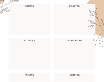 Puede incluir: Un planificador semanal imprimible con un esquema de color beige y blanco. El planificador tiene un título que dice "Wochenplaner" y está dividido en siete secciones para cada día de la semana: lunes, martes, miércoles, jueves, viernes, sábado y domingo.