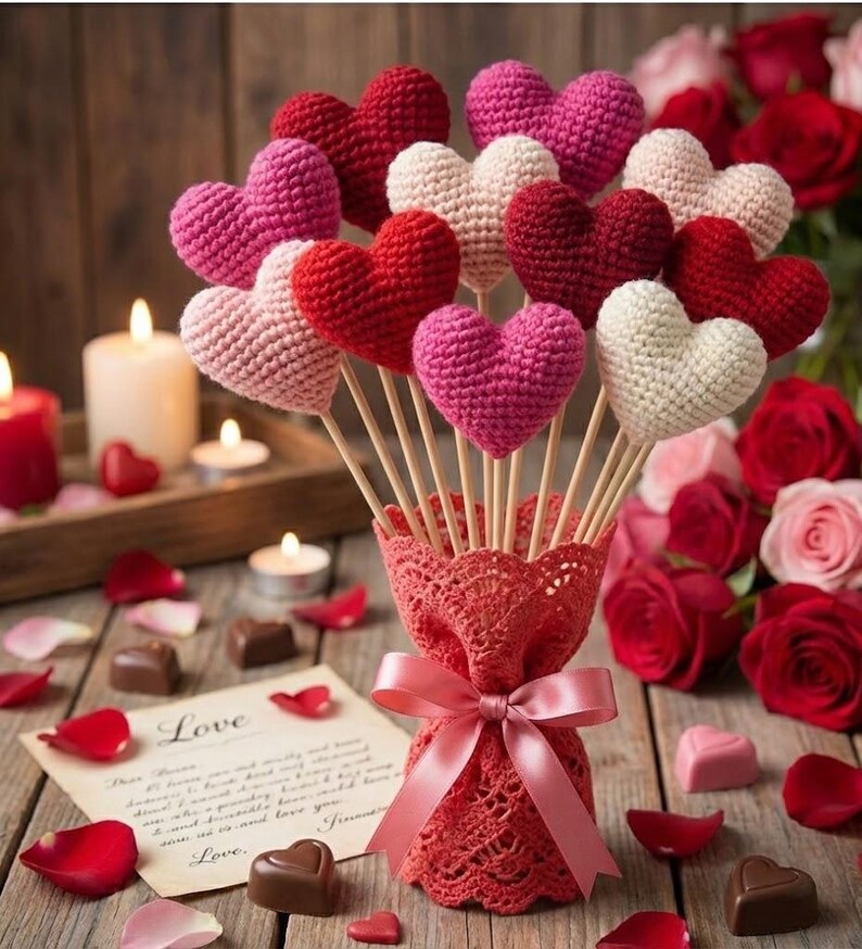 Valentine's Day Crochet Heart Bouquet Pattern, 3D Hearts (PDF Pattern ...