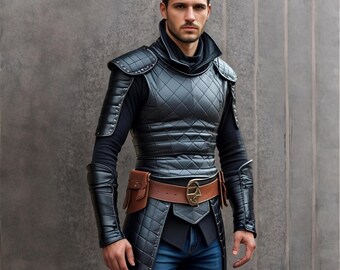 Handmade Black Leather Armor for Men – Medieval Viking Warrior Costume – Genuine Leather Chest Plate with Shoulder and Arm Guards