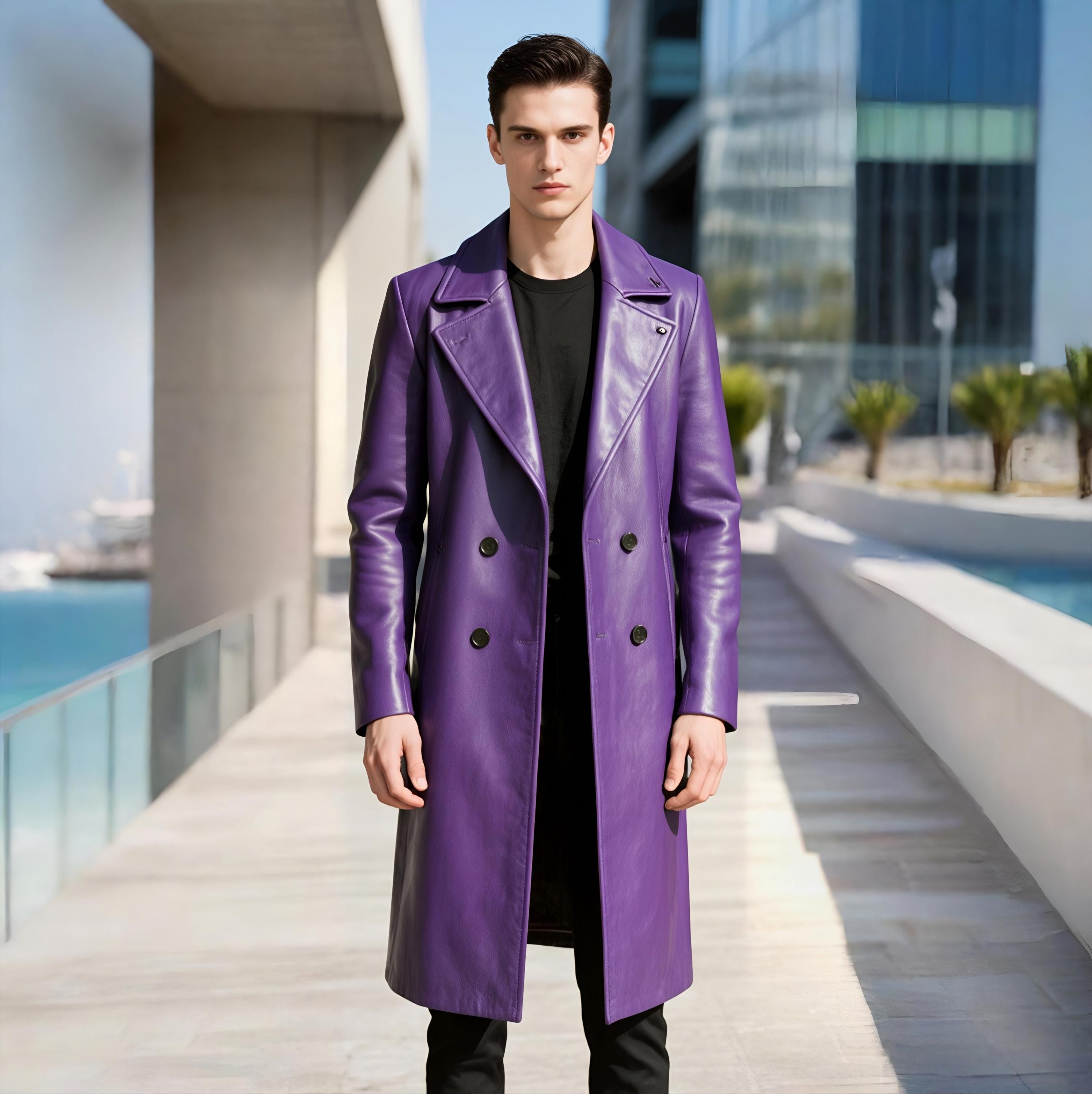 Purple Cow Leather Trench Coat Gothic Steampunk Overcoat Mens