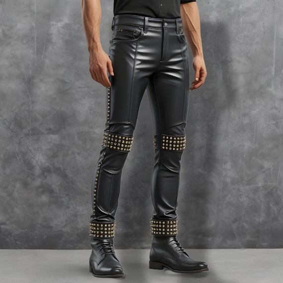 Calças de motociclista de couro cravejado, calças masculinas