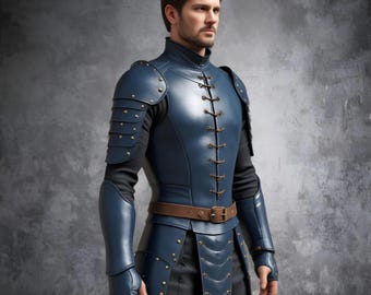 Men’s Genuine Leather Armor | Handmade Blue Medieval Fantasy Chest and Shoulder Armor Costume| Renaissance Costume | LARP, and Cosplay Armor