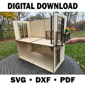 May include: A wooden doll's house with multiple rooms, windows, and a balcony, held by a hand. The doll's house has a natural wood finish and is decorated with miniature flowers. The text "DIGITAL DOWNLOAD" and "SVG • DXF • PDF" are displayed.