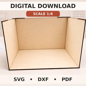 May include: A light-colored wooden diorama box with a 1:6 scale, featuring three connected panels forming a room-like structure. The digital download includes SVG, DXF, and PDF file formats for laser cutting or crafting projects.
