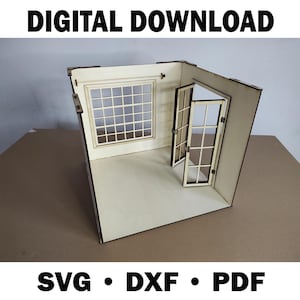 May include: A wooden dollhouse room, laser-cut with a window and a door. The room is constructed from light-coloured wood. The image includes the text "DIGITAL DOWNLOAD" at the top and "SVG • DXF • PDF" at the bottom.