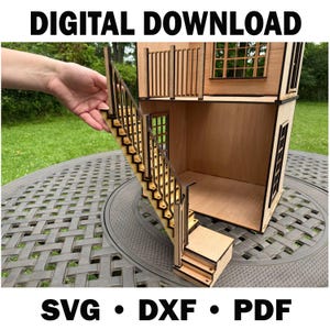 May include: A wooden dollhouse with a staircase and balcony is shown. The dollhouse is made of light-coloured wood and has detailed cutouts for windows and railings. The text "DIGITAL DOWNLOAD" and "SVG • DXF • PDF" are displayed.