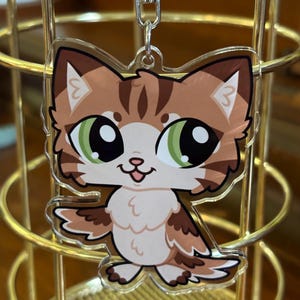 May include: A clear acrylic keychain featuring a cartoon cat with brown and tan fur, green eyes, and a white chest. The cat has a smiling expression and is attached to a silver-colored chain and clasp.