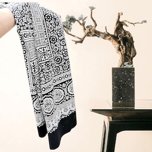 Pure Cotton Sindhi Ajrak | Elegant Black & White Neck Wrap Shawl | Unisex Gift with Box | Traditional Floral Block Print