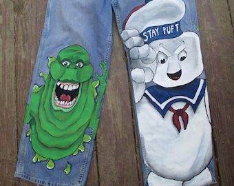 Ghostbusters, custom jeans, hand painted jeans, hand drawn jeans, stay puft marshmellow, 80's nostalgia, custom clothes, geeky gifts, geeky