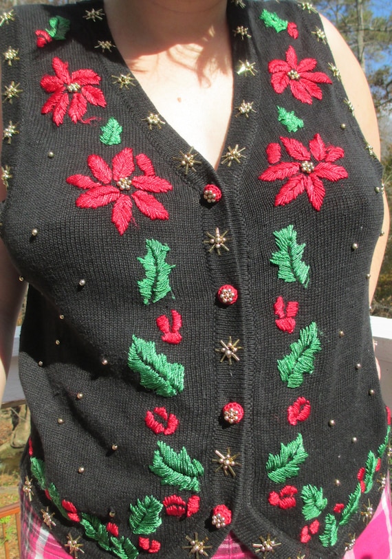 poinsettia, christmas vest, tacky christmas vest, 