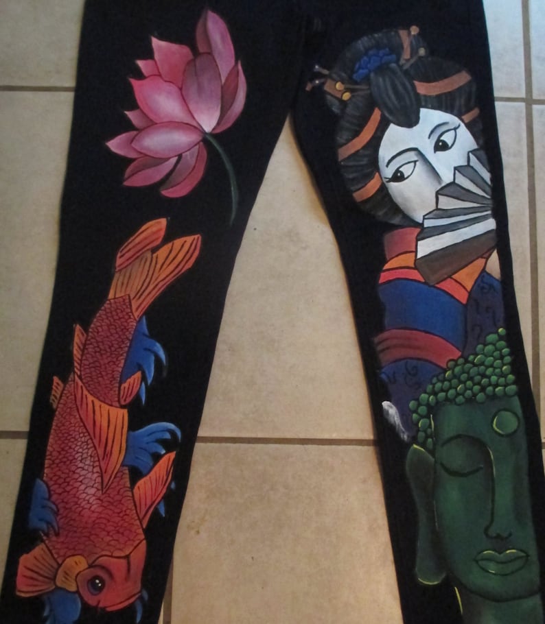 Custom clothes, custom pieces, custom hand painted, custom hand drawn, flowers, geisha, Buddha, hand painted clothes, hand drawn clothes image 2