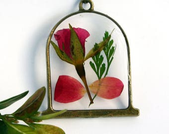 Beauty and the Beast Necklace, Real Rose Necklace, Rose Terrarium, Botanical Jewelry, Pressed Flower Jewelry, Flor Pendant, Disney Princess