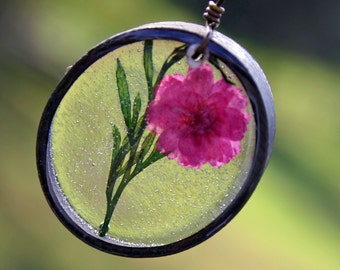Pink Carnation and Green Fern Necklace, Resin Flower Necklace, Real Pressed Flower Jewelry