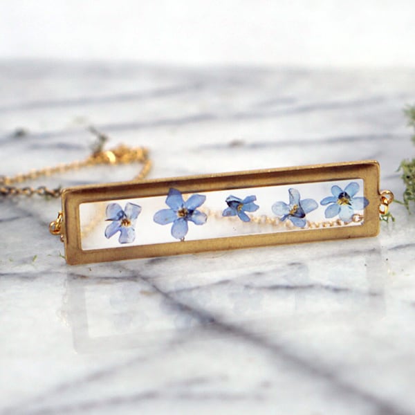 Forget me not Bar necklace, real pressed forget me nots, gold bar necklace, blue flower