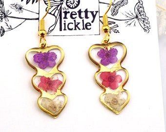 Floral Heart Stack Earrings, Valentines Earrings, Galentines Gift, Pink Heart Earrings, Purple Heart Earrings, Triple Heart Earrings, Flower