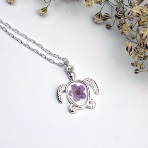 Tiny Turtle Necklace with Purple Flower, Real Pressed Flower, Silver Turtle