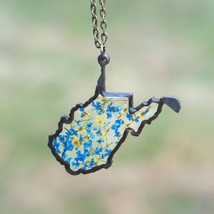 West Virginia Pendant Necklace, WV Botanical, Botanical Jewelry, Pressed Flower Jewelry, Flor Pendant, Monarch, Maple, Coal, Blue and Gold Blue and Gold Flower