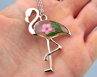 Flamingo Botanical Necklace, Real Flower, Flowers in Resin