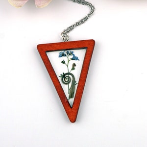 Forget me Not Triangle Wood Pendant Necklace, Real Pressed Flower in Resin, Blue Forget Me Nots
