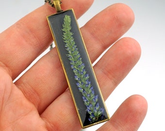 Rectangle Veronica Necklace, Blue Flower on Black,  Floral Necklace, Real flowers, Floral Resin Necklace, Gift for Mom, Speedwell Flower