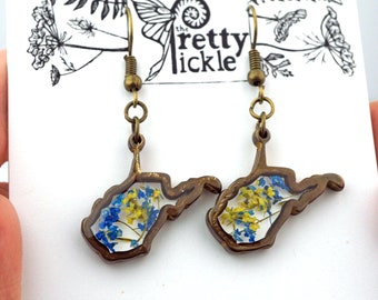 WV Earrings, Botanical West Virginia Earrings, State Pride, Real flowers, Coal Dust, Blue and Yellow, Fern