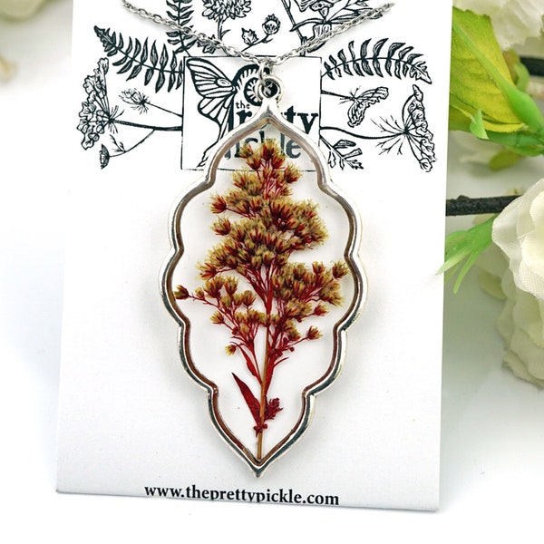 Red Goldenrod Necklace, Real pressed goldenrod, morrocan style pendant, flowers in resin