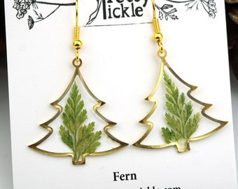 Fern Christmas Tree Earrings,  Real pressed Fern, Christmas Tree, Gold Tree, Real Flower, Christmas Spirit Earrings, Festive Earrings