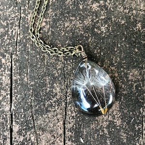 3 Dandelion Wishes Teardrop Necklace, Resin Teardrop dandelion seed necklace, real dandelion seed jewelry