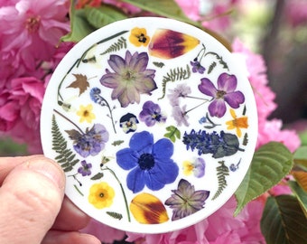 Spring Pressed Flower Sticker, Pressed Flower Art, Sticker Art, Circle Sticker, Spring Floral, Real Flower Image, Gift for Gardeners, Flora