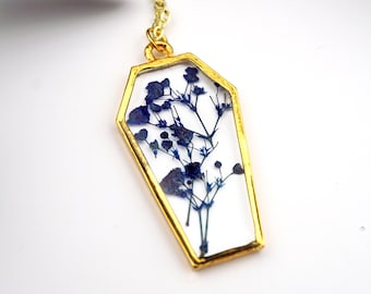 Coffin Botanical Necklace, Real pressed Baby's breath flowers, resin coffin, gold