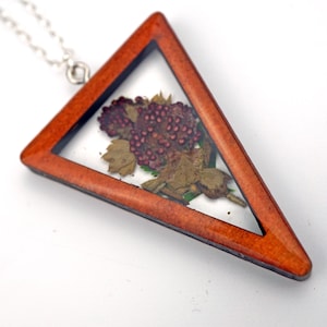 Wild Strawberry Wood Pendant Necklace, Real Pressed Flower in Resin, strawberry