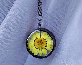 Collar de margaritas amarillas, joyería botánica, flor en resina, margarita amarilla real