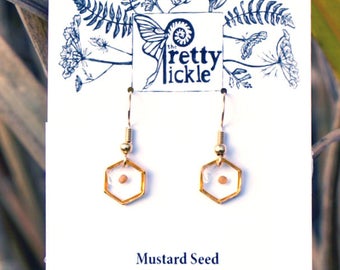 Hexagon Mustard Seed Earrings, Tiny Mustard Seeds, Resin and Gold hexagon earrings, tiny dangle earrings