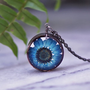 Blue Daisy Necklace, Real Flower Necklace, Blue Chrysanthemum, Botanical Jewelry, Pressed Flower Jewelry