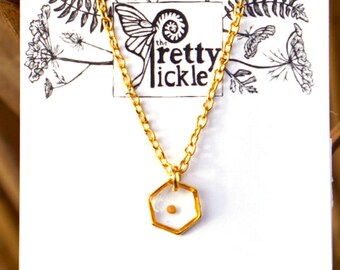Hexagon Gold Plated Mustard Seed Necklace, Tiny Dainty gold pendant, Real Mustard Seed, Resin Jewelry
