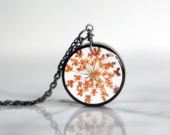 Orange Queen Anne's Lace Necklace, Real Flower Necklace, Orange Flower, Botanical Jewelry, Pressed Flower Jewelry