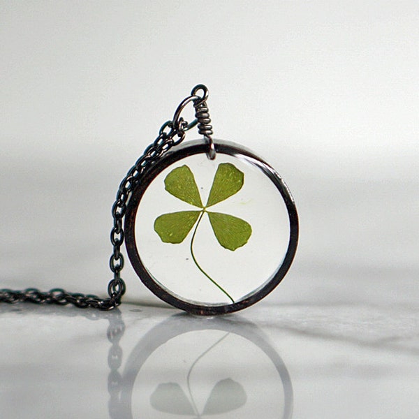 Real Four Leaf Clover Resin Necklace, Lucky Necklace, Clover Resin Necklace, Real 4 leaf clover