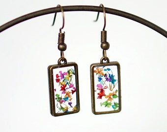 Confetti Queen Anne's Lace Earrings, Multicolored flowers, resin flower jewelry, real pressed flower earrings