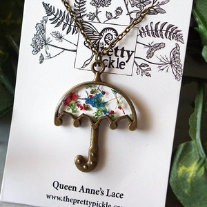 Umbrella Flower Necklace, real queen anne's lace, pressed flower jewelry