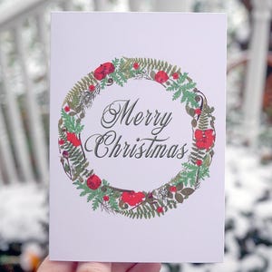 Cartão de guirlanda de Natal, cartão de Natal, cartões de arte feitos por artesãos, cartão de Natal floral, cartão de Natal em branco, cartão de Natal com flores prensadas