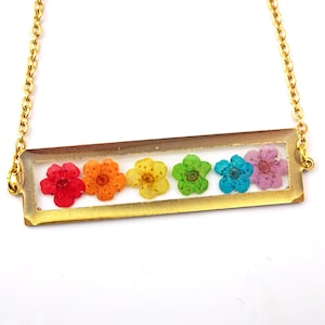Rainbow Flower necklace, Real Pressed Rainbow Flowers, Gold Bar Necklace, Pride Month Gift,  Coming out Gift, Rainbow, Pride Necklace