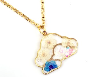 Floral Cloud Necklace, Cloudy Necklace, Pressed flower necklace, Gold cloud necklace, Blue Cloud, White Cloud, Iridescent Clouds, Sky Cloud