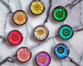 Chrysanthemum Botanical Necklace, Choose Your Color, Real Flower Jewelry